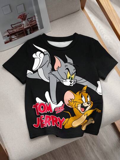 TOM & JERRY X SHEIN Young Girl Casual Cartoon Pattern Round Neck Short Sleeve T-Shirt, Summer