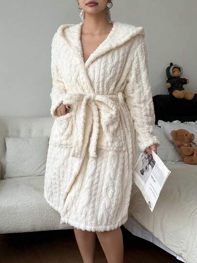 SHEIN معطف نسائي فضفاض مريح طويل من الفليس بنقشة سنبلة القمح، سترة كاجوال فضفاضة مريحة مع كابوشون وجيوب وحزام، مناسب للخريف والشتاء