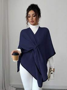 Elenzga 女士新款秋冬单件时尚披肩领开衩斗篷奢华休闲日常开衫毛衣 - 藏蓝色 - 查看 6