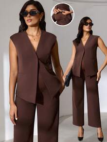 MaterniWear Bộ 2 món đồ bầu màu trơn đơn giản và quần - màu nâu - Xem 1