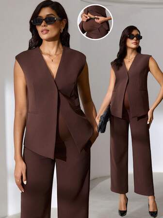 MaterniWear 2 piezas Conjunto de chaleco y pantalones casuales de unicolor para maternidad