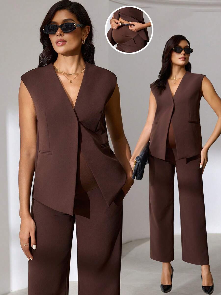 MaterniWear Bộ 2 món đồ bầu màu trơn đơn giản và quần - màu nâu - Xem 1