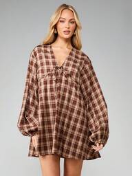 MISSGUIDED Plaid Long Sleeve Tie Front Mini Dress With Balloon Sleeves For Fall Autumn Occasions