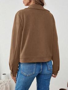 EMERY ROSE 女士麂皮纯色长袖单排扣休闲实用口袋修身夹克 - 駝色 - 查看 2