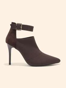 CUCCOO BASICS Damen Mode Kaffeefarbe Knöchelriemen Strickstoff Spitzschuh Stiletto Absatz Knöchel Stiefel, sexy für Dates, Partys, festliche Anlässe zu Weihnachten - Kaffeebraun - Übersicht 5