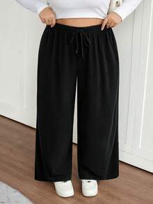 SHEIN CURVE+ Quần ống rộng màu trơn thường ngày cỡ lớn dành cho nữ, Thu/Đông, Thu, Quần nữ cỡ lớn ấm áp/2026/Năm mới - màu đen - Xem 8