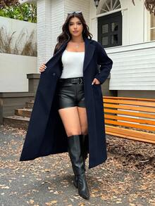 SHEIN EZwear 藏蓝色加大码宽松长款外套，秋冬款 - 藏蓝色 - 查看 7