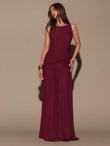 SHEIN BAE Đầm Maxi Không Tay Cổ Tròn, Thắt Lưng Xoắn Màu Đỏ Burgundy Cho Nữ, Đầm Dài Thanh Lịch, Sang Trọng, Thích Hợp Cho Ngày Lễ Tình Nhân, Tiệc Tùng, Hẹn Hò Lãng Mạn, Phù Dâu, Sinh Nhật, Giáng Sinh - Màu Đỏ Sâu - Xem 4