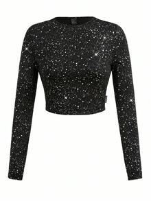 Y2Kool Maglietta a maniche lunghe aderente con stampa a pois in lamina argento, adatta per feste, Ognissanti, streetwear in stile Y2K, collezione di abbigliamento casual e alla moda per autunno/inverno, outfit per Capodanno, top grafici Gyaru, top neri