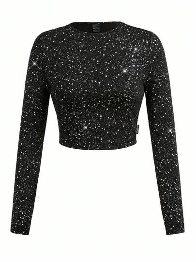 Y2Kool Tricou damă cu mânecă lungă, model metalizat argintiu, cu imprimeu cu buline, potrivit pentru petreceri, Halloween, ținute streetwear Y2K, colecție elegantă casual de toamnă/iarnă, model Gyaru, grafică, topuri negre, primăvară, ziua de naștere, pentru femei, carnaval