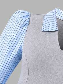SHEIN Streelcool 青少年女孩條紋拼接上衣，泡泡燈籠袖，白色，秋季休閒畢業返校日常通勤度假上衣 - 灰色 - 查看 4