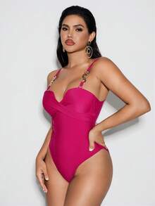 Shapewave Traje de baño de una pieza sexy y de moda para mujer en color magenta, con tirantes ajustables y extraíbles, acolchado, con tirantes cruzados y decoración de cadena de cristales - Rojo violeta - Ver 3