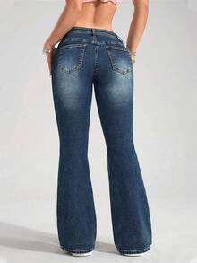 SHEIN PETITE Women's Casual Fashion Street Low Waist Flare Jeans - Medium Wash - View 2