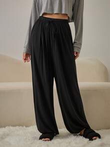 HautHeat Damen einfarbige Palazzo Hose mit Taillenbindung, weite Passform, Loungewear, Herbst & Winter - Schwarz - Übersicht 3