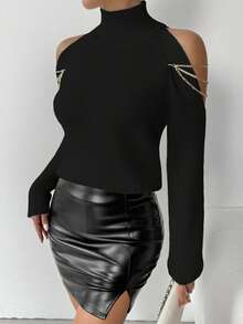 RosyDaze 女式高领纯色镂空长袖罗纹宽松休闲针织套头衫 - 黑色 - 查看 5