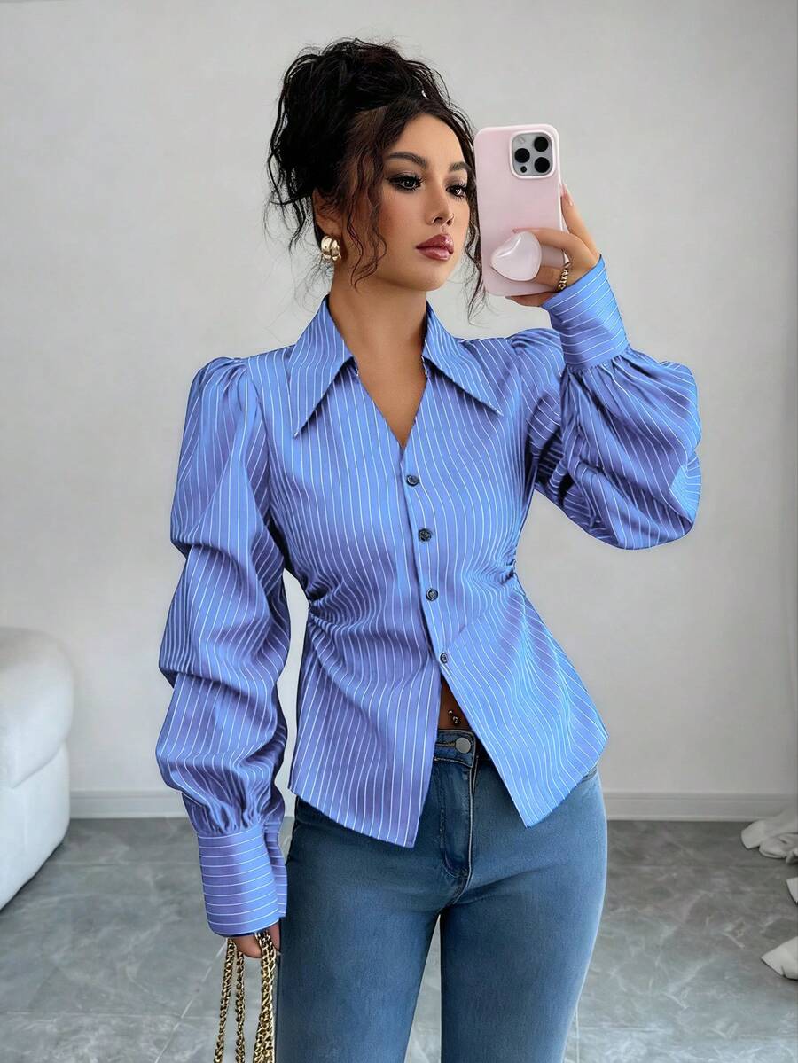 Elenzga 女士优雅条纹修身衬衫，时尚秋季开学装 - 藍色 - 查看 1