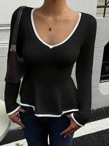 Sunnyshic Sexy Fitted Fashionable Women Contrast Trim V-Neck Casual Long Sleeve Pullover Sweater Top - Black and White - View 4