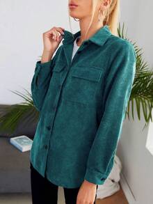 SHEIN LUNE Pocket Front Cord Shirt,Long Sleeve Tops,Casual - Teal Blue - View 3