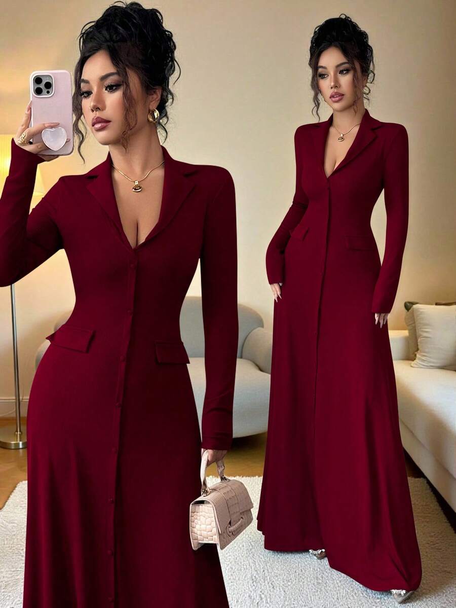 SHEIN Elenzya 女士标准尺码纯色罗纹修身优雅针织连衣裙,秋冬款 - 酒紅色 - 查看 1