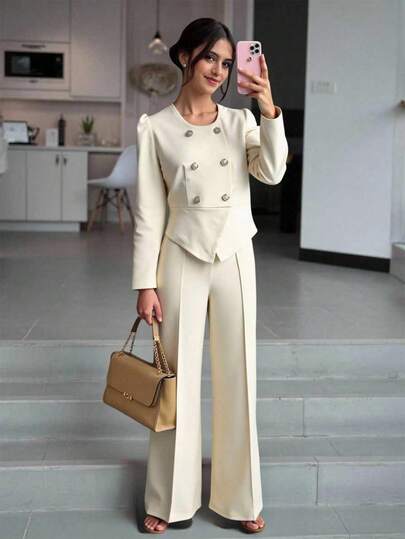 Sparklyn 2 st/set elegant dubbelknäppt kort kavajjacka och vida byxor för tonårsflicka höst/vinter