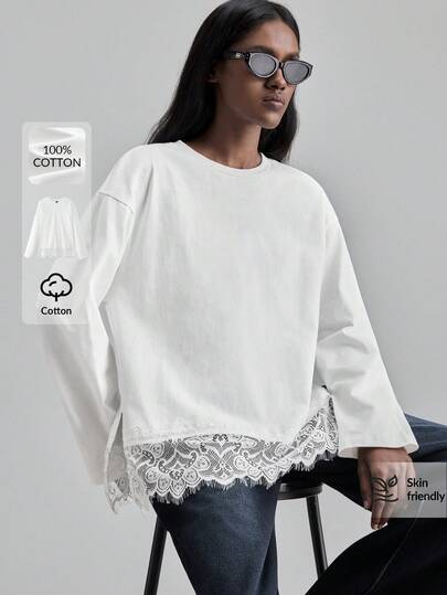 Ontre Lace 2026SS Spring/Summer Party Valentine's Day T-Shirt Top, Women's Spring/Summer Apparel, Round Neck White Lace Patchwork Elegant Minimalist Women's T-Shirt, Spring/Summer Vacation Party Holiday Office Wear Professional Attire Casual Wear