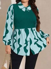 SHEIN LUNE Plus Size Women Printed 2 In 1 Long Sleeve Button Design Casual Top - Teal Blue - View 5