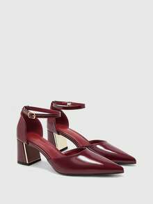 Tacones altos de mujer versátiles para la oficina y el día a día, de punta afilada, tacón grueso, color burdeos, con diseño sexy - Burdeos - Ver 4