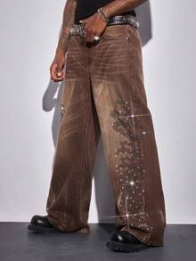 ROMWE MEN Street Life Men's Pocketed Straight Letter Rhinestone Embellished Jeans - Rust Brown - View 6