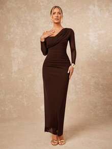 Lumalex Women's Elegant Sexy Burgundy Asymmetric Collar Criss-Cross Ruched Waist Slit Hem Long Sleeve Bodycon Dress, Spring/Summer - Brown - View 7