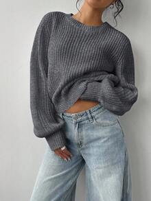 SHEIN BASICS Women's Casual Solid Color Sweater, Autumn/Winter,Fall,Fall Clothes For Women,Winter Clothes For Women - Dark Grey - View 5
