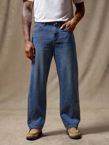 RivetRise Men's Embroidered Patchwork Wide Leg Jeans - Medium Wash - View 1