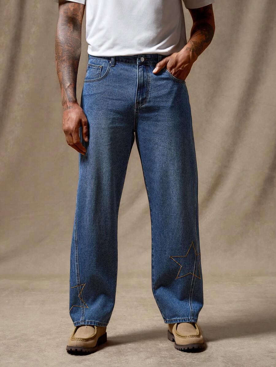RivetRise Men's Embroidered Patchwork Wide Leg Jeans - Medium Wash - View 1