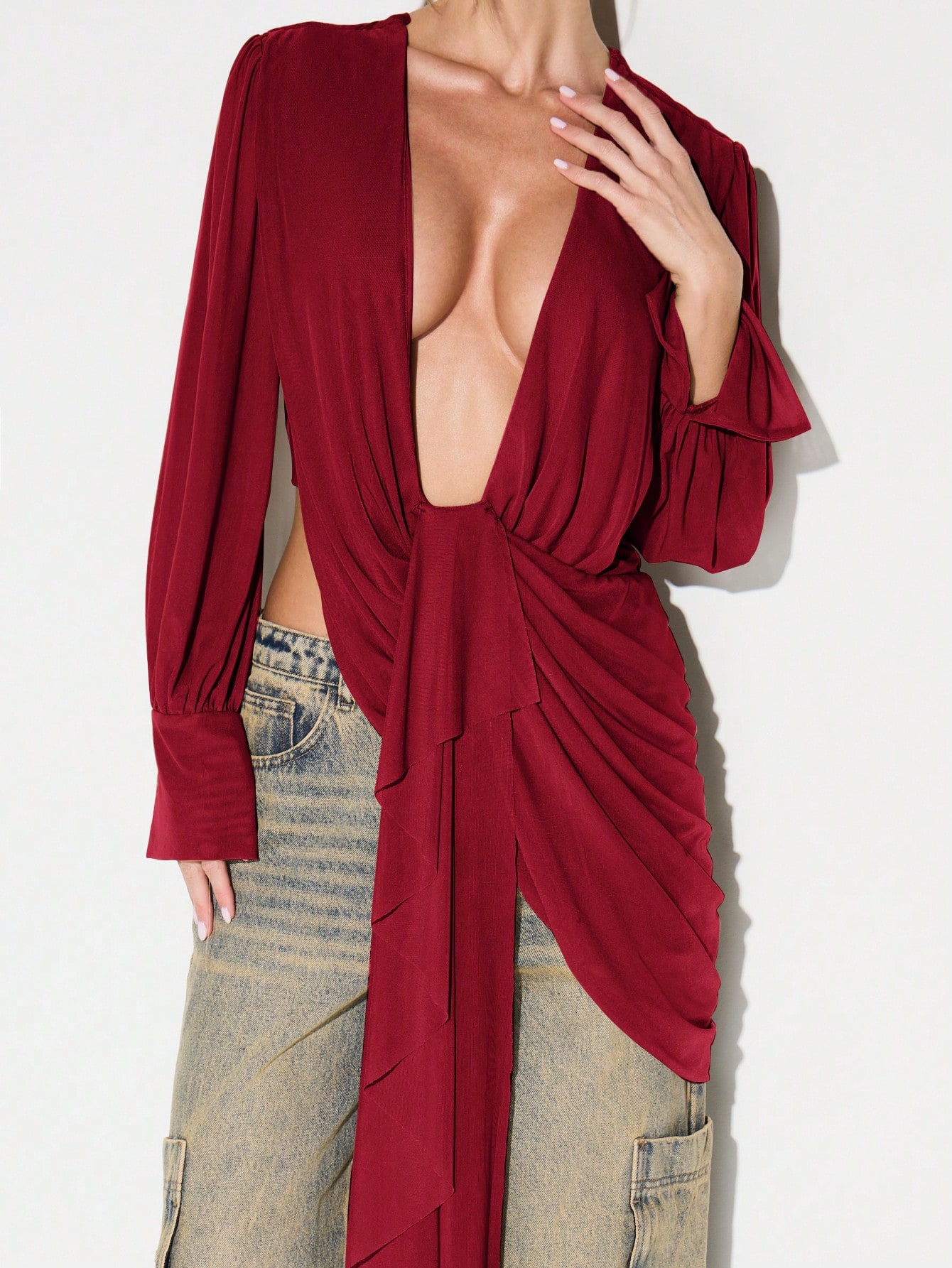 KIZN Deep V Neck Wrap Blouse With Draped Detail