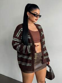 SHEIN SXY New Autumn/Winter American Sweet Casual Loose Streetwear Personalized Women Cardigan Sweater - Coffee Brown - View 4