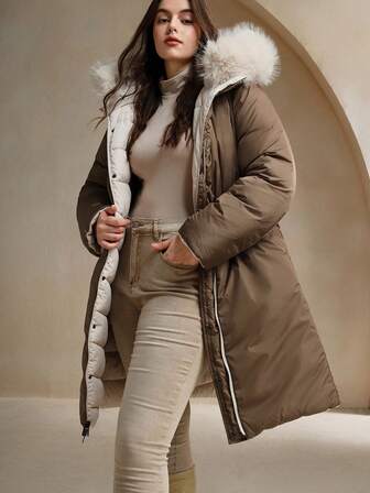 Anewsta Giacca invernale da donna oversize, reversibile, con colletto in pelliccia staccabile e cappuccio, con chiusura lampo