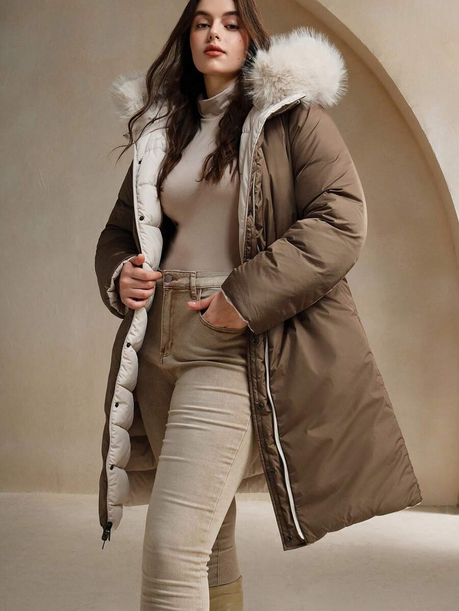 Anewsta Jaket Musim Dingin Wanita Ukuran Besar Panjang, Dapat Dibalik, Tebal, Kerah Bulu yang Dapat Dilepas, Berkerudung, dan Berresleting - Krem - View 1