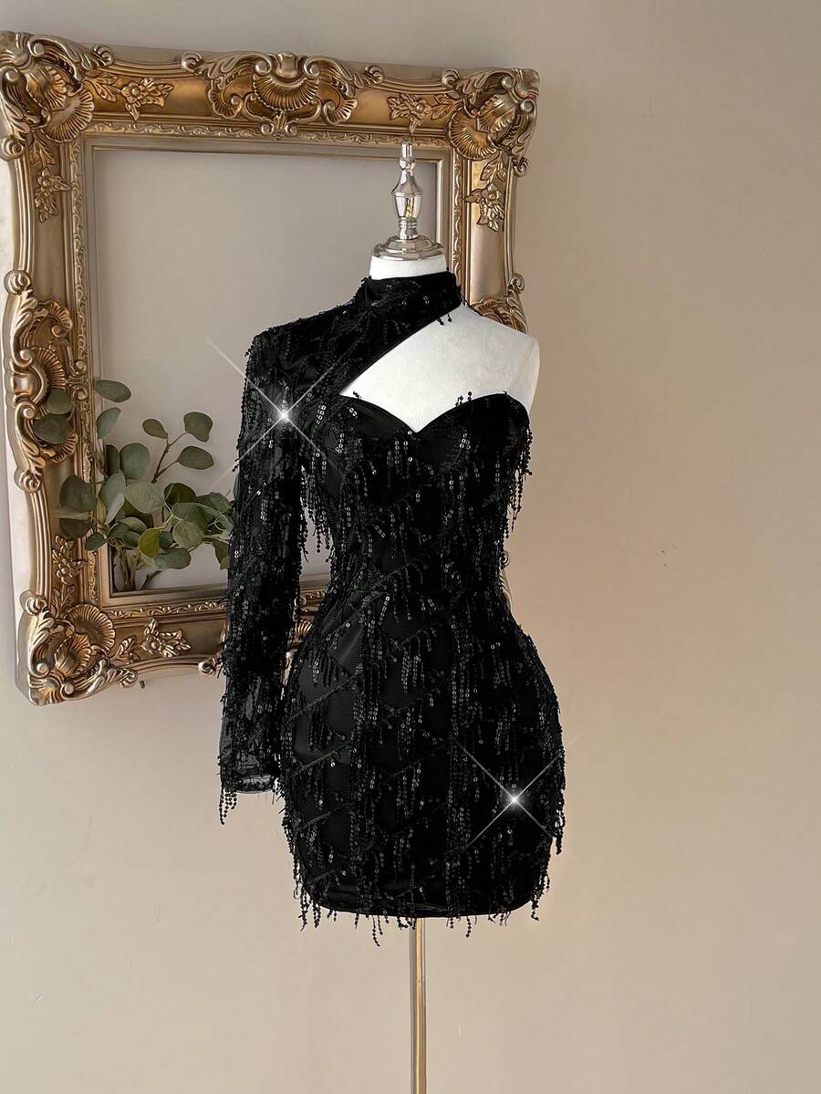 Lovelzi Elegant Black Sequin Tassel Fabric Long Sleeve Strapless Dress, Fashionable Dress For Wedding,Graduation Season,Cocktail Party&Vacation