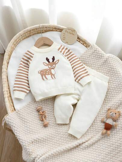 SHEIN Set de 2 piezas de suéter de punto jacquard a rayas y pantalones de punto de unicolor coordinado para bebés niños/niñas, con diseño de animales lindos, cómodo y de moda, adecuado para uso casual, al aire libre, viajes y escuela en otoño/invierno