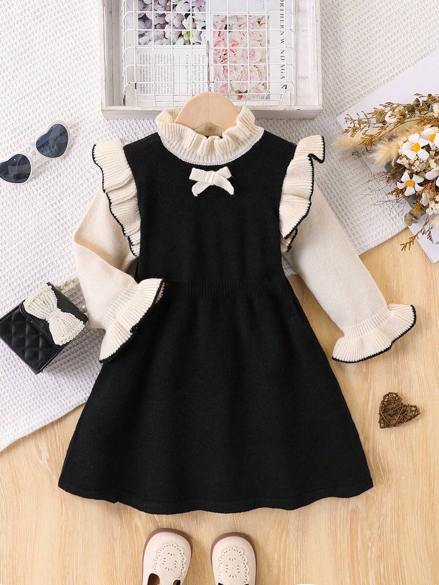 Váy nơ cho bé gái, Váy len viền bèo mới, Váy công chúa phong cách học sinh cho bé gái, Thu/Đông - màu đen - Xem 1