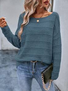 SHEIN Casual Solid Color Drop Shoulder Sweater, Autumn/Winter - Blue - View 7