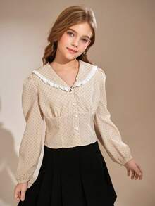 Tween Girl Polka Dot Long-Sleeve Blouse – Sweet Peter Pan Collar With Ruffled Trim, Button-Front Design, Flowy Puff Sleeves, Soft Lightweight Fabric, Adorable Beige & Pink Pattern, Perfect For School, Parties, Casual Outings – Feminine Shirt Spring Autumn Wardrobe - Beige - View 3