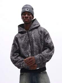 SUMWON Men Leopard Print Zip Up Hoodie With Drawstring Hood And Centre Pocket Streetwear Jacket Casual - Grey - View 1