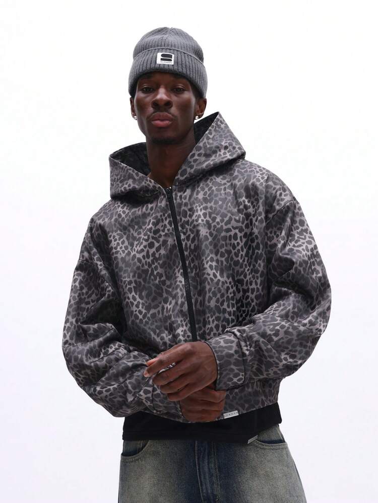 Leopard Print Zip Up Hoodie With Drawstring