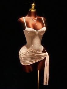 Amplova Váy suông màu nude bóng đính đá lấp lánh dành cho nữ, gợi cảm và sang trọng, thích hợp cho Giáng sinh, tiệc Halloween, mặc hàng ngày, hẹn hò, thu/đông - Nhiều màu - Xem 8
