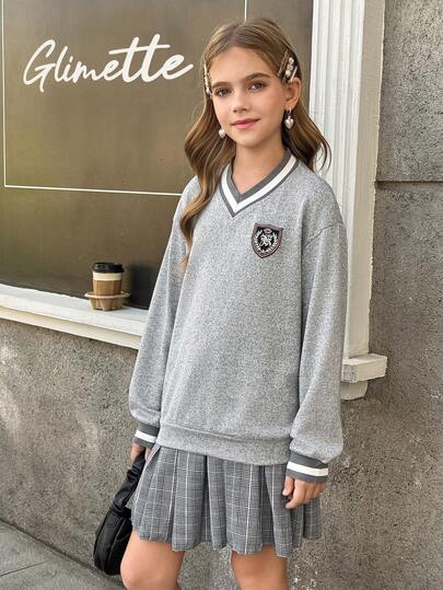 Conjunto de blusa de cuello en V con textura y falda, estilo británico, adecuado para uniforme escolar de otoño/invierno para niñas preadolescentes