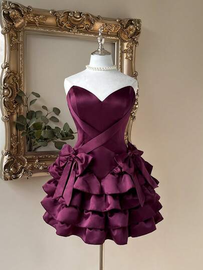 Lovelzi 优雅奢华深紫色缎面手工蝴蝶结装饰多层鸡尾酒礼服，短款正式礼服