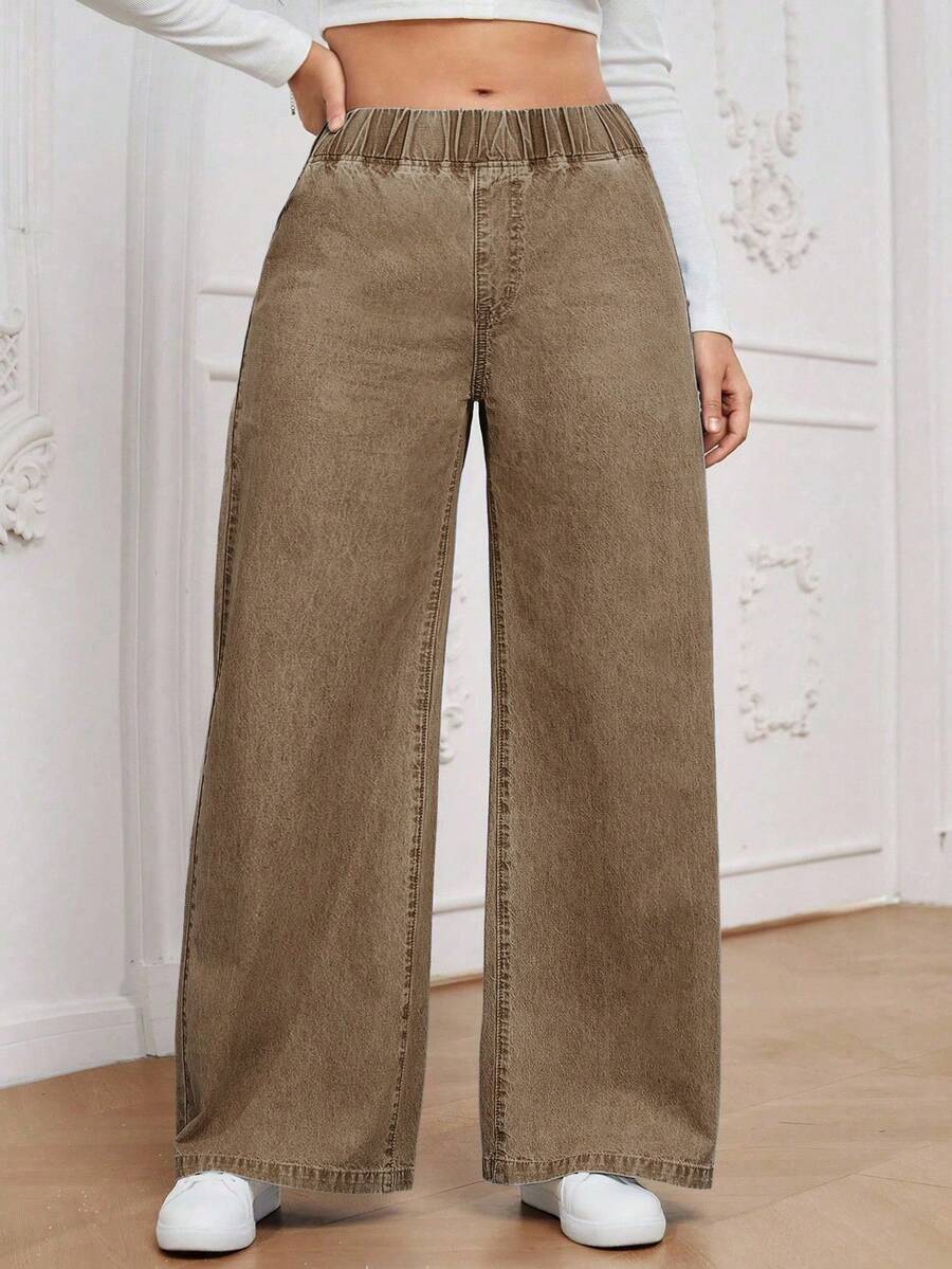 EMERY ROSE Quần jeans ống rộng cạp chun co giãn đa năng dành cho nữ cỡ lớn - Cà phê nâu - Xem 1