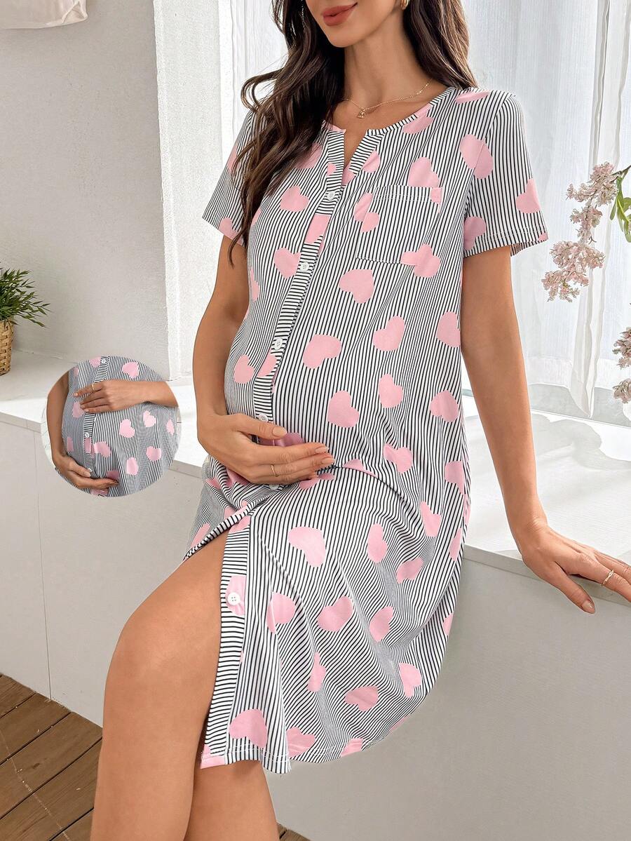 Moonlight&Mama 心形印花圆领单排扣口袋短袖孕妇睡裙 - 彩色 - 查看 1