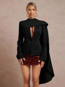 Lumalex 1件女士长袖垫肩深V领收腰西装外套 - 黑色 - 查看 7