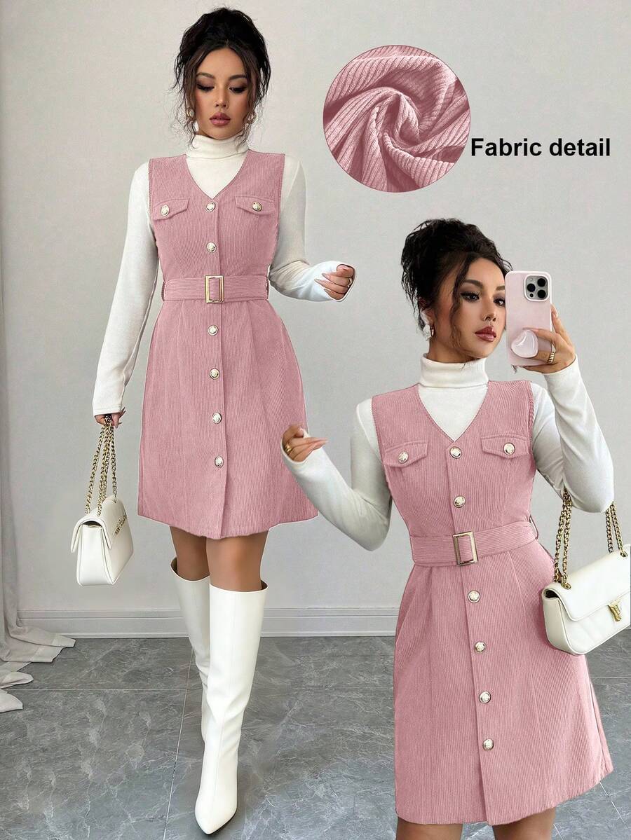 Elenzga 女士优雅复古灯芯绒V领金属纽扣装饰无袖纹理迷你连衣裙 - 粉色 - 查看 1